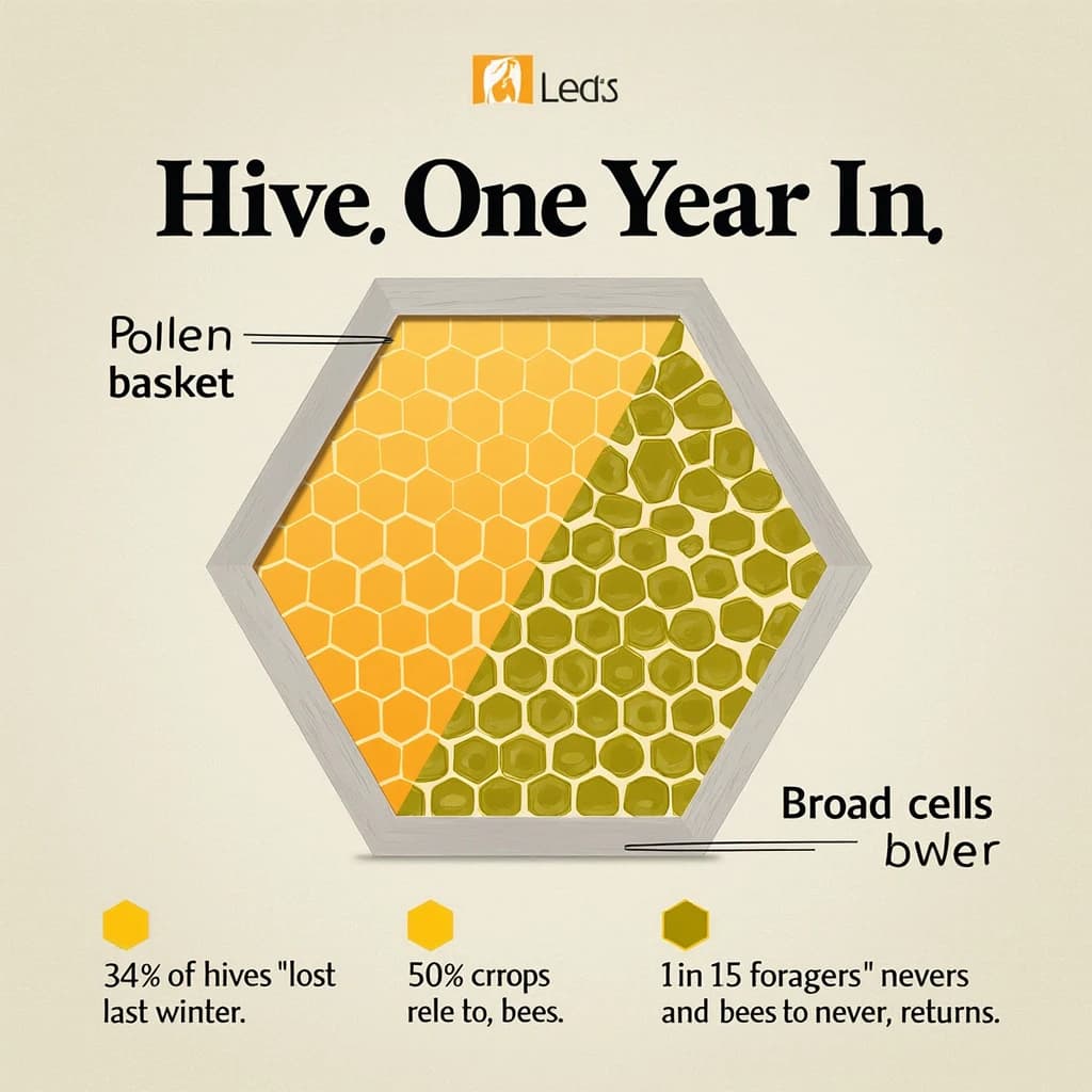 Printed poster titled "Hive, One Year In": at the center a cutaway of a hive frame, carrying two keyed regions, "Pollen basket" shaded amber and "Brood cells" shaded olive, beside a bottom row of three stat chips reading "34% of hives lost last winter", "50 crops rely on bees" and "1 in 15 foragers never returns".