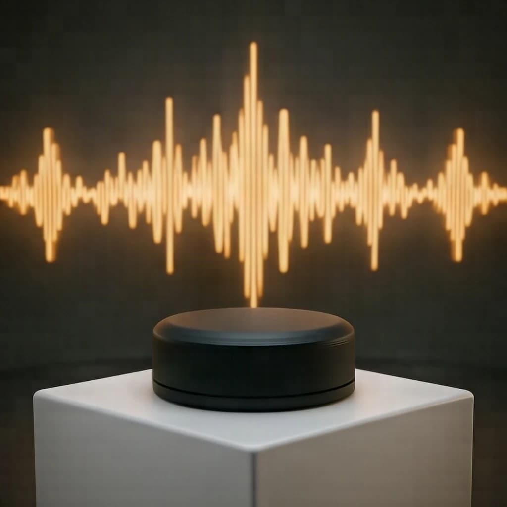 Cinematic 3D render of a matte black speaker puck on a white plinth, with a sound waveform behind it built from fourteen glowing amber bars in a gentle curve, the three tallest centred directly behind the puck and the bars shortening evenly toward both ends.