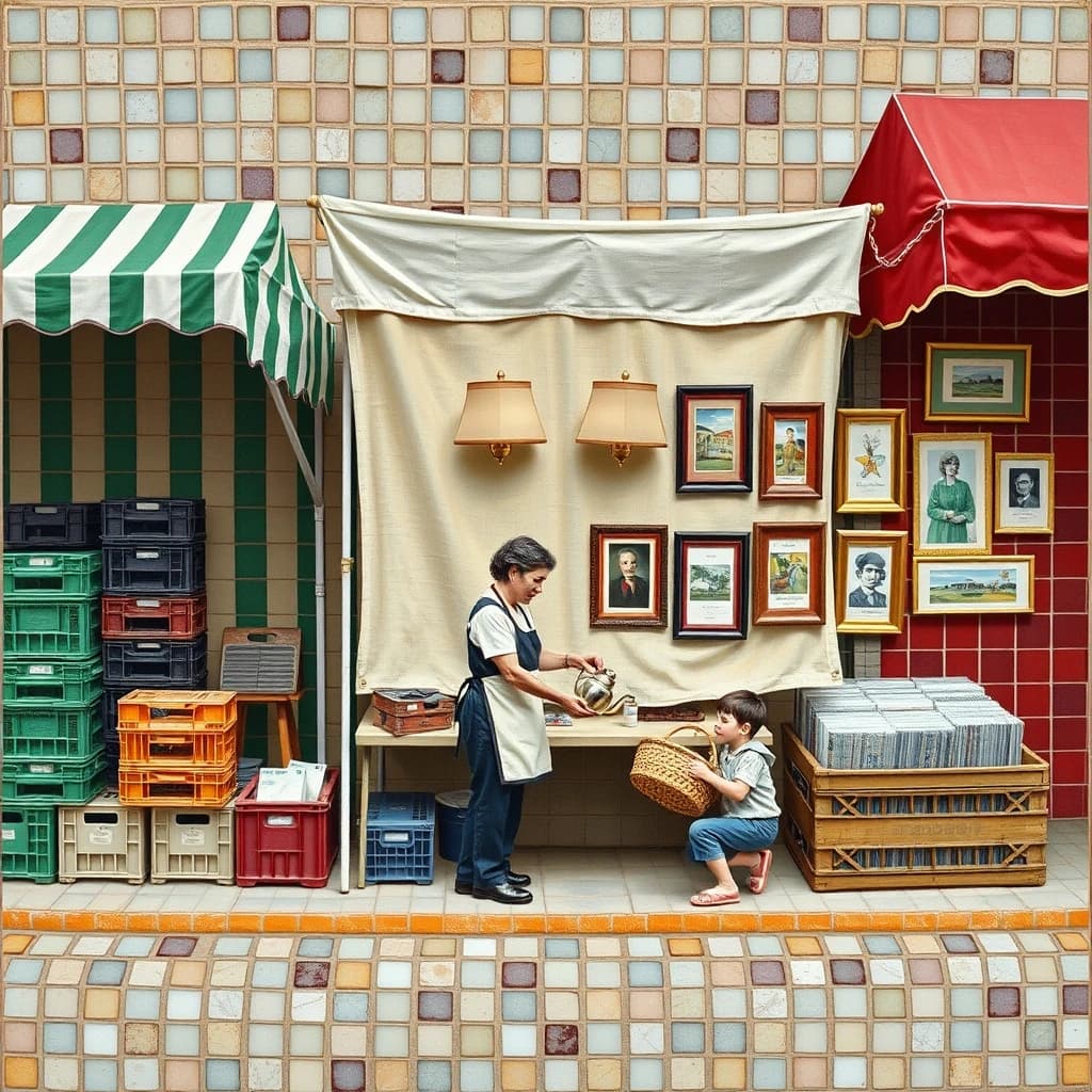 Glass tile mosaic of a Sunday flea market seen from a slightly raised angle, small square tesserae and warm terracotta grout. Three stall awnings in a row: the left one striped green and white over stacked vinyl crates, the middle plain canvas over six brass lamps with only the two tallest wearing shades, the right red awning hung with nine framed pictures in three rows of three. Under the middle awning a vendor in an apron hands a teapot across the table to a woman holding a straw basket, while a boy crouches at her feet by a crate of records. No lettering anywhere.