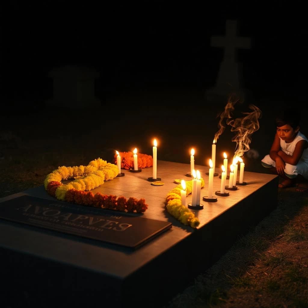 Photojournalism frame from a cemetery vigil at night: one grave slab carrying seven marigold garlands and nine lit candles, three of the candles guttered out and smoking, a grandmother and two children kneeling along the near edge.