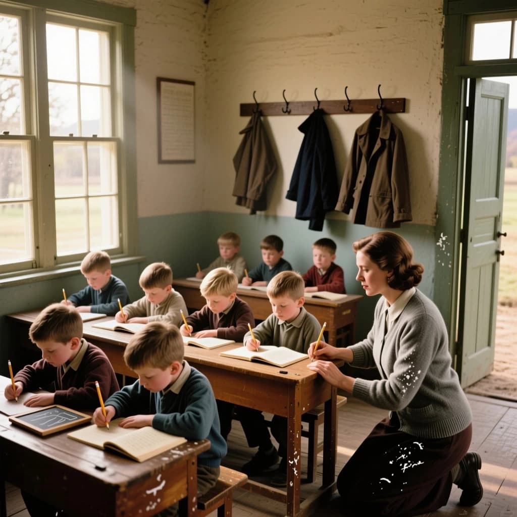 Documentary photograph inside a 1961 rural schoolhouse, late afternoon sun through tall windows. Twelve pupils at six shared wooden desks, two to a desk: the four in the window row copy from slates, the four in the middle row have open exercise books, the four along the back wall are turned around watching. The teacher, a woman in a grey cardigan with chalk dust on her sleeve, kneels beside the desk nearest the door, one hand steadying a boy's pencil. Four wall hooks behind her hold three coats, the middle hook bare. Warm dust in the light, fine grain, nobody posing.