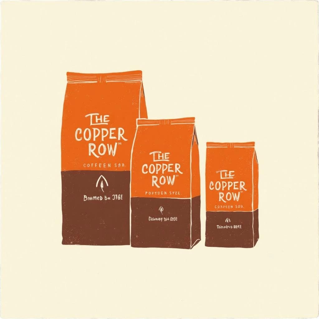 Linocut print: one coffee bag in three sizes. The sizes are captioned "1kg", "500g" and "250g" in that order. The wordmark "The Copper Row" appears on every size with a single droplet symbol beside it. The orange-and-brown coloring is the same across every size, and only the bag size changes.