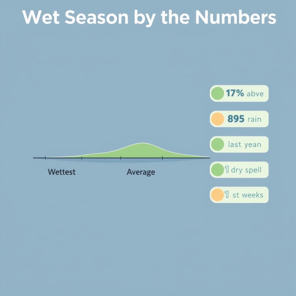 Flat vector illustration titled "Wet Season by the Numbers". A twelve-month rainfall timeline sits at the center, carrying three keyed regions, "Wettest" shaded dark blue, "Average" shaded pale green and "Driest" shaded sand. Three stat chips run down a right column, reading "16% above the ten-year mean", "85 rain days last year" and "1 dry spell every 6 weeks". Each key color matches the shading of the region it names.
