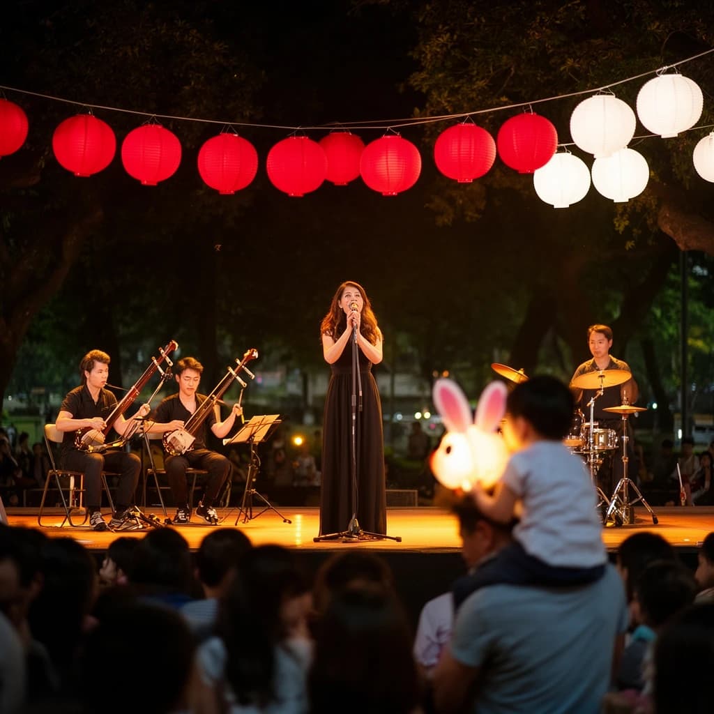 Concert photography, a Mid-Autumn Festival night in a Hong Kong park, shot from inside the crowd toward a low stage lit by warm floods. A singer at the centre microphone holds a note with both hands off the stand; on her left two erhu players sit side by side, on her right a single drummer stands. Eleven paper lanterns hang above the stage, the seven red ones strung in a line and the four white ones clustered at the right end. In the near foreground, out of focus, a child on a father's shoulders holds a rabbit lantern.