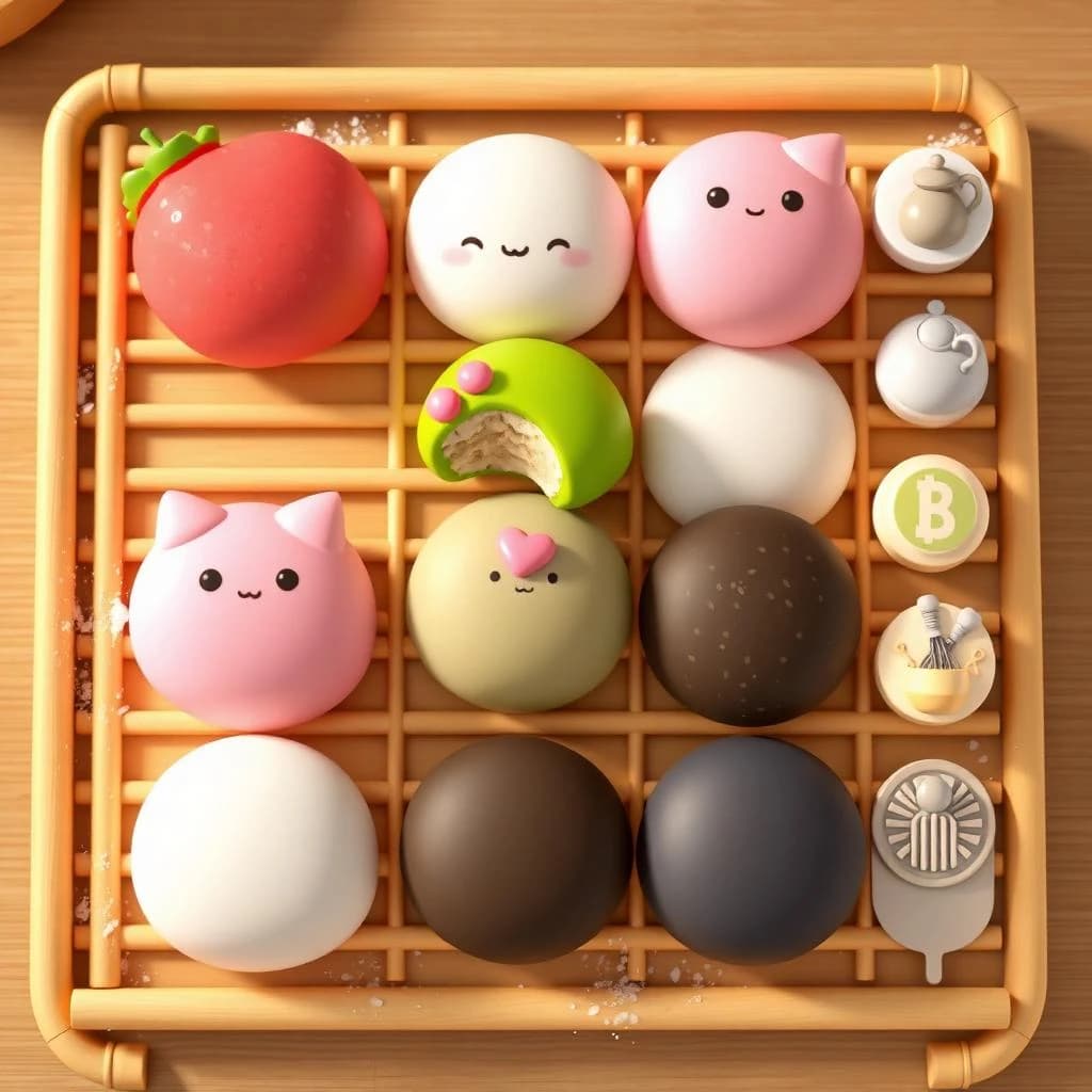 Match three board for a cozy sweets game, cute stylized 3D animation look. Nine mochi in a three by three grid on a bamboo tray: the top row strawberry pink, the middle row matcha green, the bottom row black sesame grey. The center green one has a bite taken out and a small heart icon floating above it. Two of the pink mochi wear tiny cat ears. To the right of the tray, a vertical strip of three power up icons, a whisk, a teapot and a fan. Soft pastel lighting, glossy dusted surfaces.