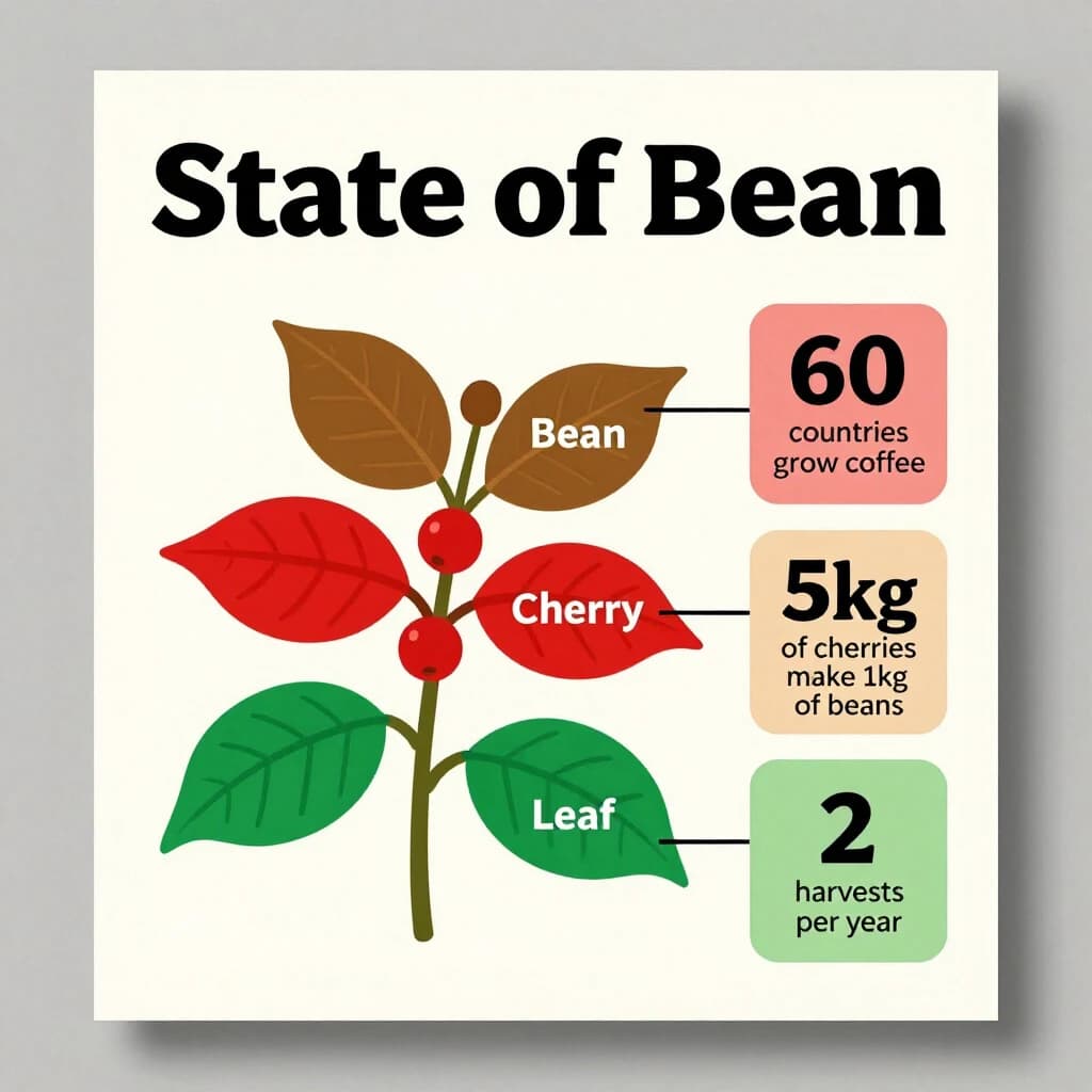Printed poster titled "State of Bean": at the center a labeled coffee-plant diagram, carrying three keyed regions, "Bean" shaded brown, "Cherry" shaded red and "Leaf" shaded green, beside a right column of three stat chips reading "60 countries grow coffee", "5kg of cherries make 1kg of beans" and "2 harvests per year".
