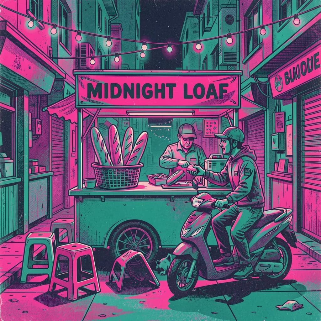 Two-color risograph print key art in fluorescent pink and teal with visible misregistration and paper grain, for a street food courier game. A night market alley: the banh mi cart at center with three baguettes standing upright in a basket and two more being sliced by the vendor, who hands one wrapped sandwich down to a courier straddling a scooter. Four plastic stools in front of the cart, three occupied and the one nearest the gutter tipped over. Two strings of bulbs cross overhead. A dog waits under the cart axle. The stall banner reads "Midnight Loaf".