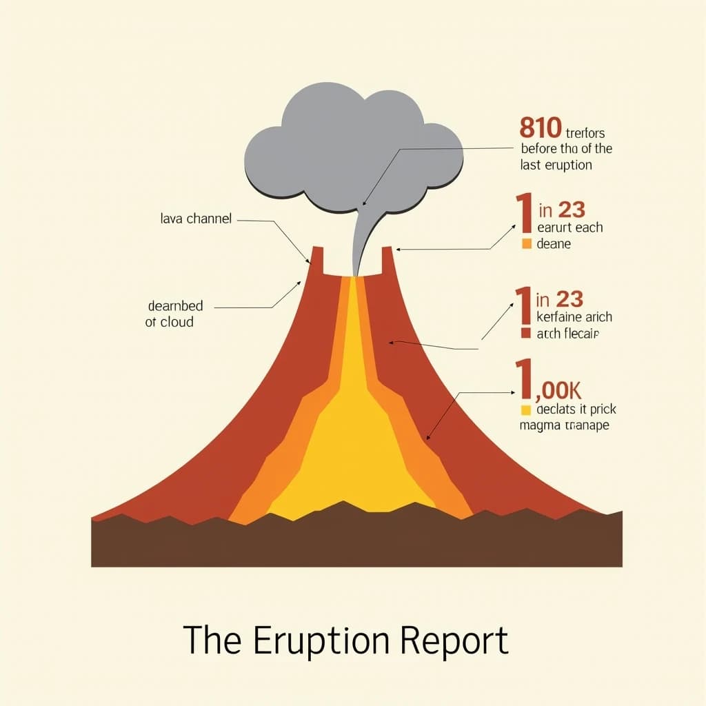 Flat vector illustration titled "The Eruption Report". A cutaway cone sits at the center, carrying three keyed regions, "Lava channel" shaded red, "Ash cloud" shaded gray and "Magma chamber" shaded orange. Three stat chips run down a right column, reading "810 tremors before the last eruption", "1 in 23 erupt each decade" and "1,000 degrees at the vent". Each key color matches the shading of the region it names.