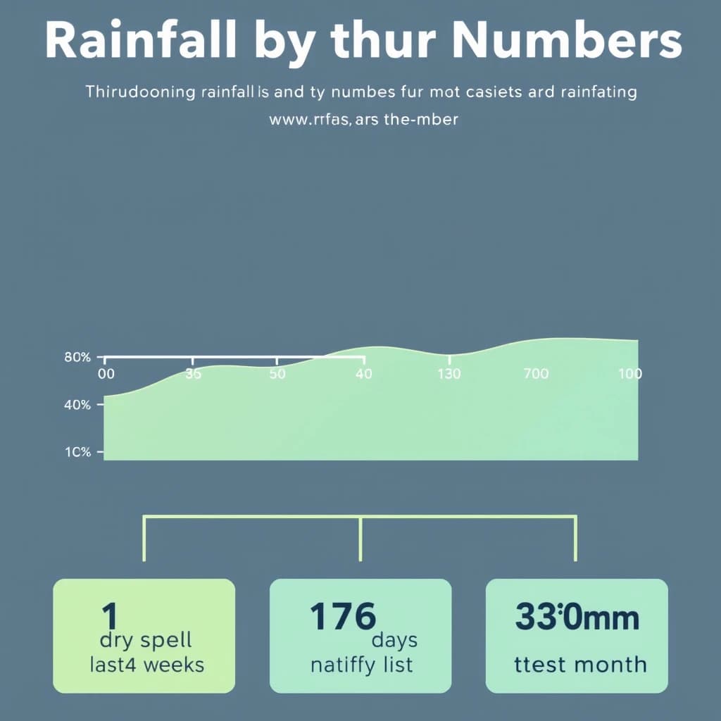 Flat infographic titled "Rainfall by the Numbers": at the center a twelve-month rainfall timeline, carrying two keyed regions, "Average" shaded pale green and "Wettest" shaded dark blue, beside a bottom row of three stat chips reading "1 dry spell every 4 weeks", "175 rain days last year" and "380mm in the wettest month".