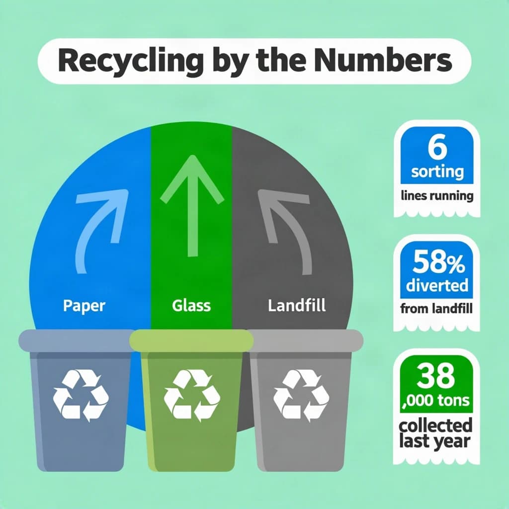Flat vector illustration titled "Recycling by the Numbers": at the center three sorting bins with arrows to their destinations, carrying three keyed regions, "Paper" shaded blue, "Glass" shaded green and "Landfill" shaded gray, beside a right column of three stat chips reading "6 sorting lines running", "58% diverted from landfill" and "38,000 tons collected last year".