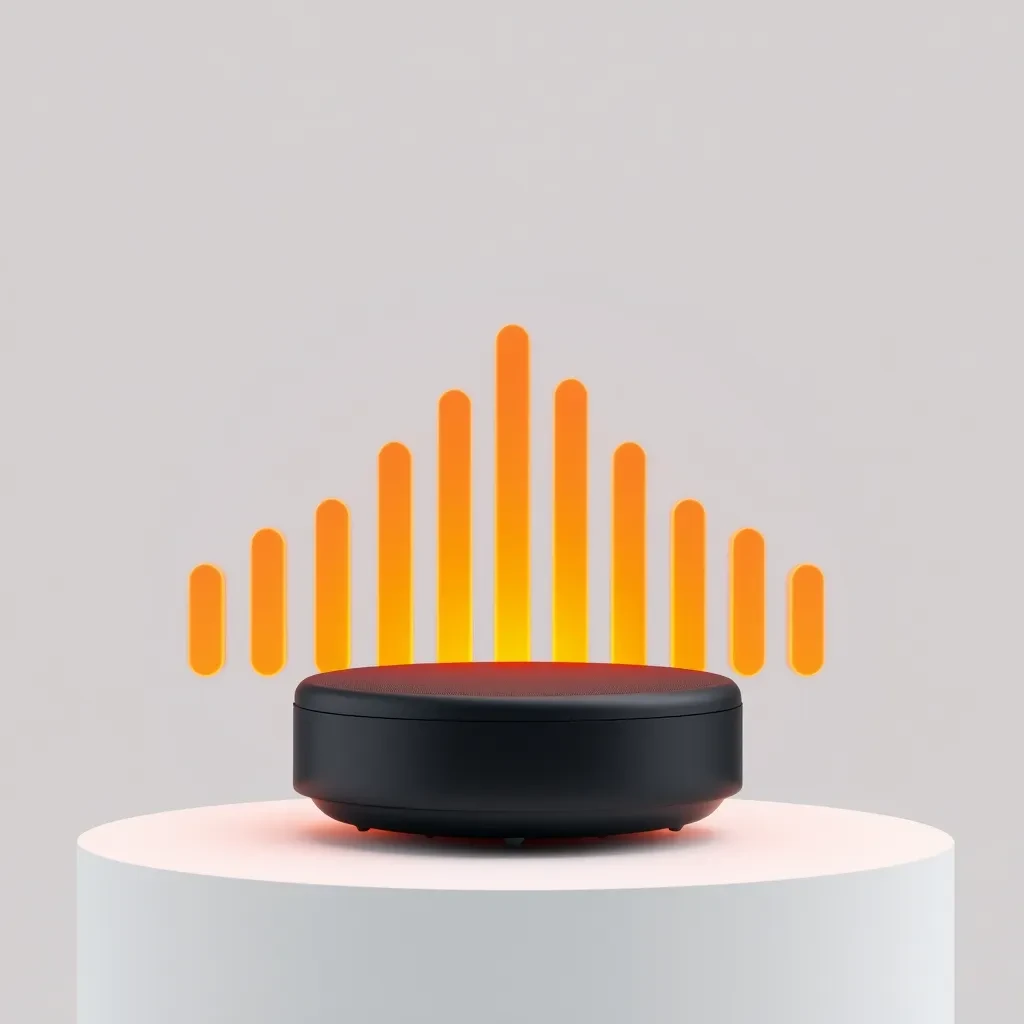 Cinematic 3D render of a matte black speaker puck on a white plinth, with a sound waveform behind it built from fourteen glowing amber bars in a gentle curve, the three tallest centred directly behind the puck and the bars shortening evenly toward both ends.