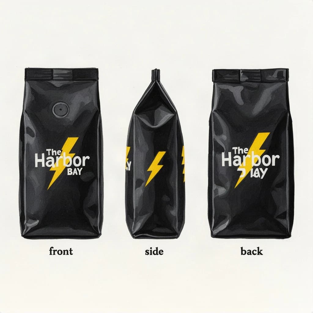 Gouache painting of the same coffee bag drawn in three views, captioned "front", "side" and "back", every view carrying the wordmark "The Harbor Bay" with a lightning-bolt symbol beside it in the same black-and-yellow coloring, only the angle changing.