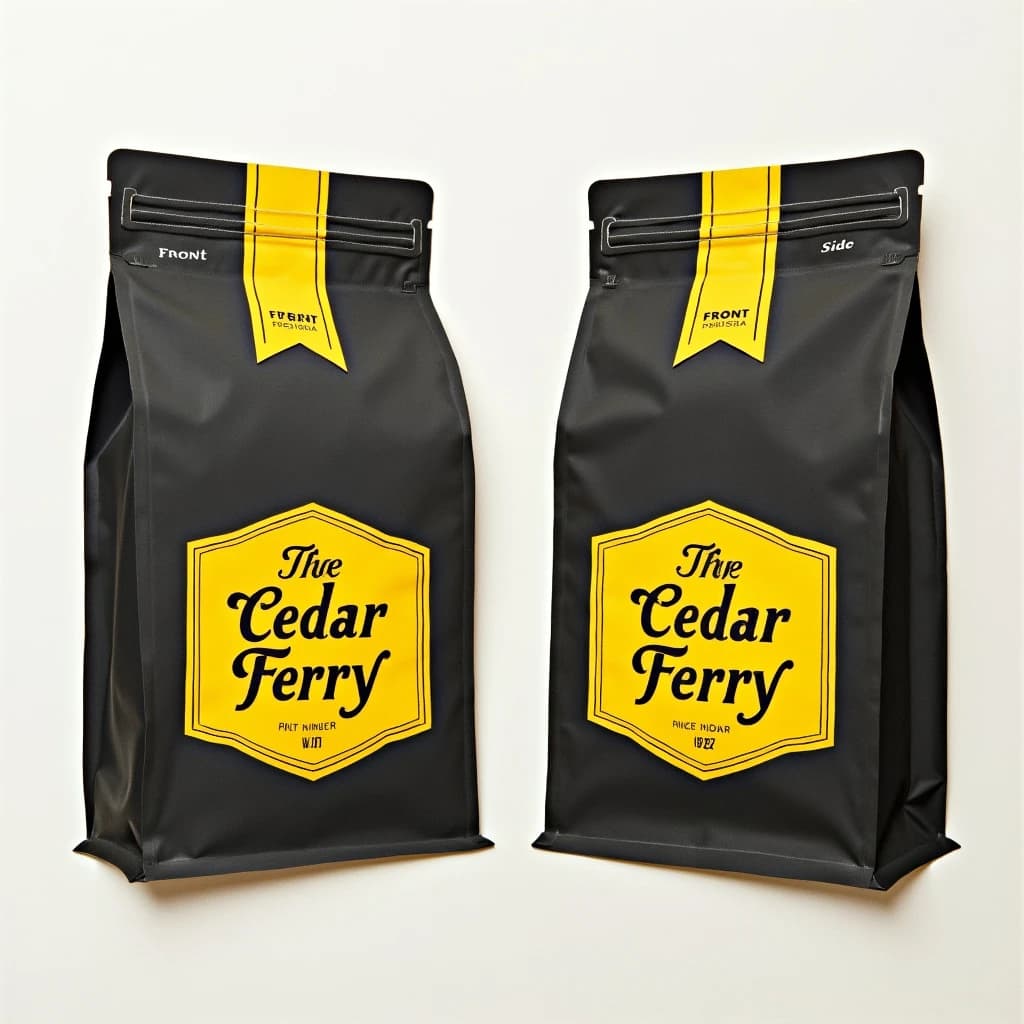 Cut-paper collage: one coffee bag in two views. The views are captioned "front" and "side" in that order. The wordmark "The Cedar Ferry" appears on every view. The black-and-yellow coloring is the same across every view, and only the angle changes.