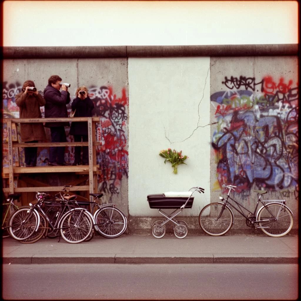 Shot on 1970s Kodachrome era color film, warm grain and slightly faded reds. A stretch of the Berlin Wall on a grey afternoon, covered in overlapping graffiti with one clean unpainted panel in the middle. Three people stand on a wooden viewing platform at the left, two of them looking over the top through binoculars while the third has turned back toward the camera with a cigarette. Four bicycles lean along the base of the wall, three upright and one fallen on its side. A pram is parked below the clean panel with a small bunch of tulips wedged into a crack above it. No cars in the frame.