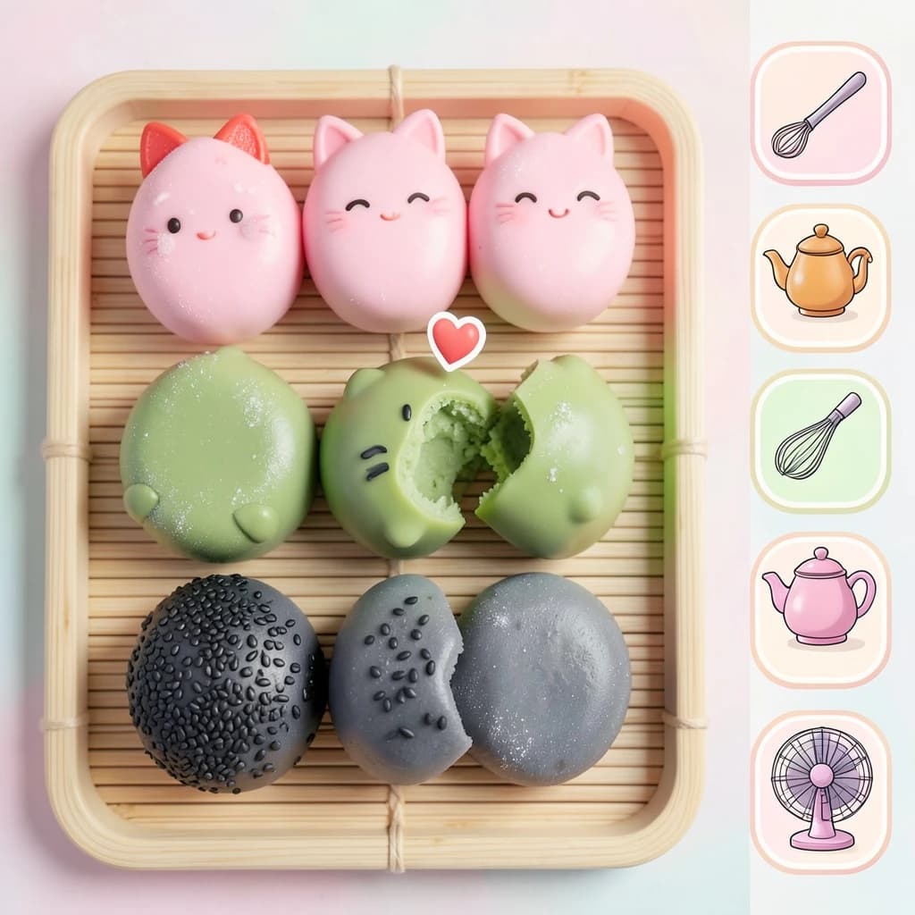 Match three board for a cozy sweets game, cute stylized 3D animation look. Nine mochi in a three by three grid on a bamboo tray: the top row strawberry pink, the middle row matcha green, the bottom row black sesame grey. The center green one has a bite taken out and a small heart icon floating above it. Two of the pink mochi wear tiny cat ears. To the right of the tray, a vertical strip of three power up icons, a whisk, a teapot and a fan. Soft pastel lighting, glossy dusted surfaces.