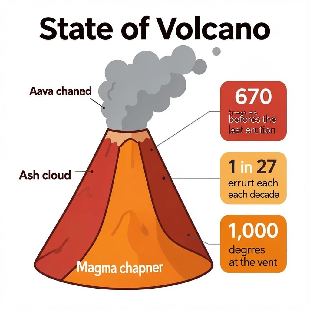 Flat vector illustration titled "State of Volcano": at the center a cutaway cone, carrying three keyed regions, "Lava channel" shaded red, "Ash cloud" shaded gray and "Magma chamber" shaded orange, beside a right column of three stat chips reading "670 tremors before the last eruption", "1 in 27 erupt each decade" and "1,000 degrees at the vent".