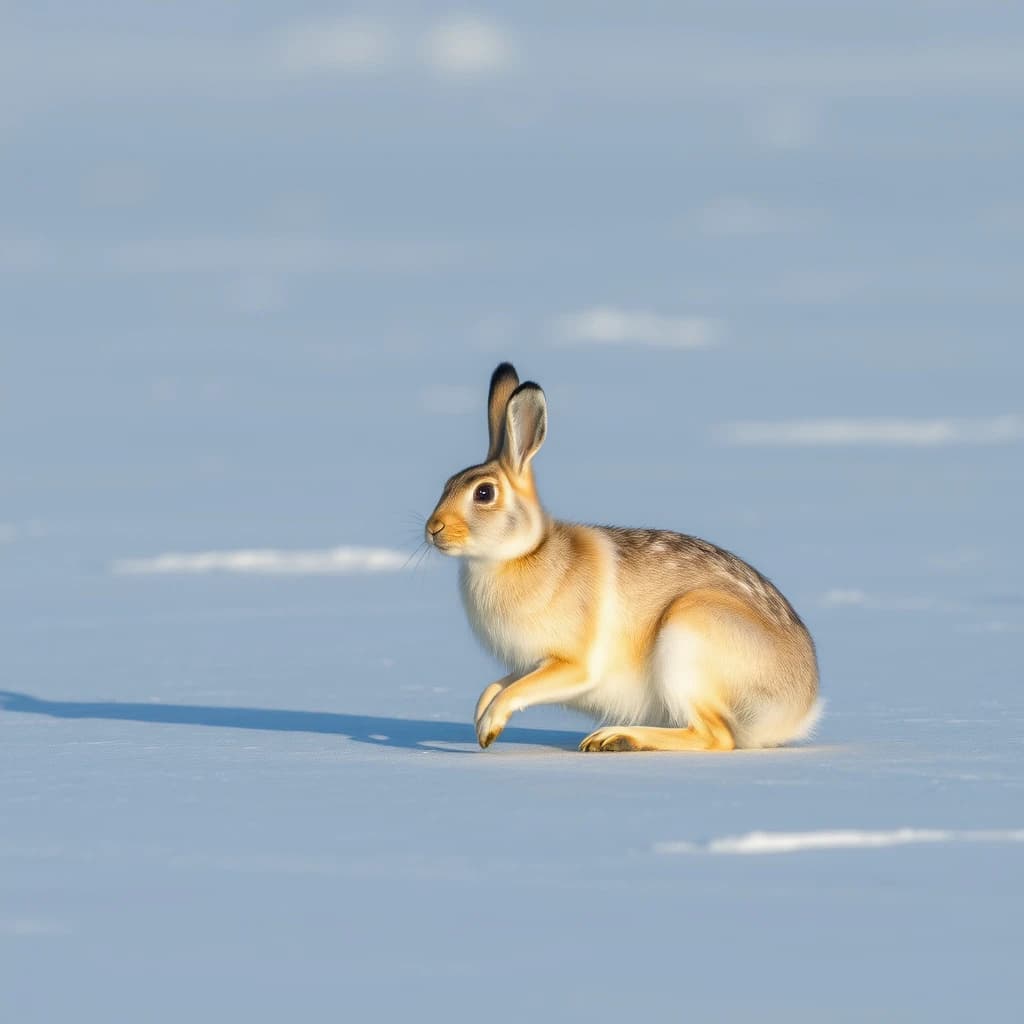 single arctic hare on smooth ice, noon