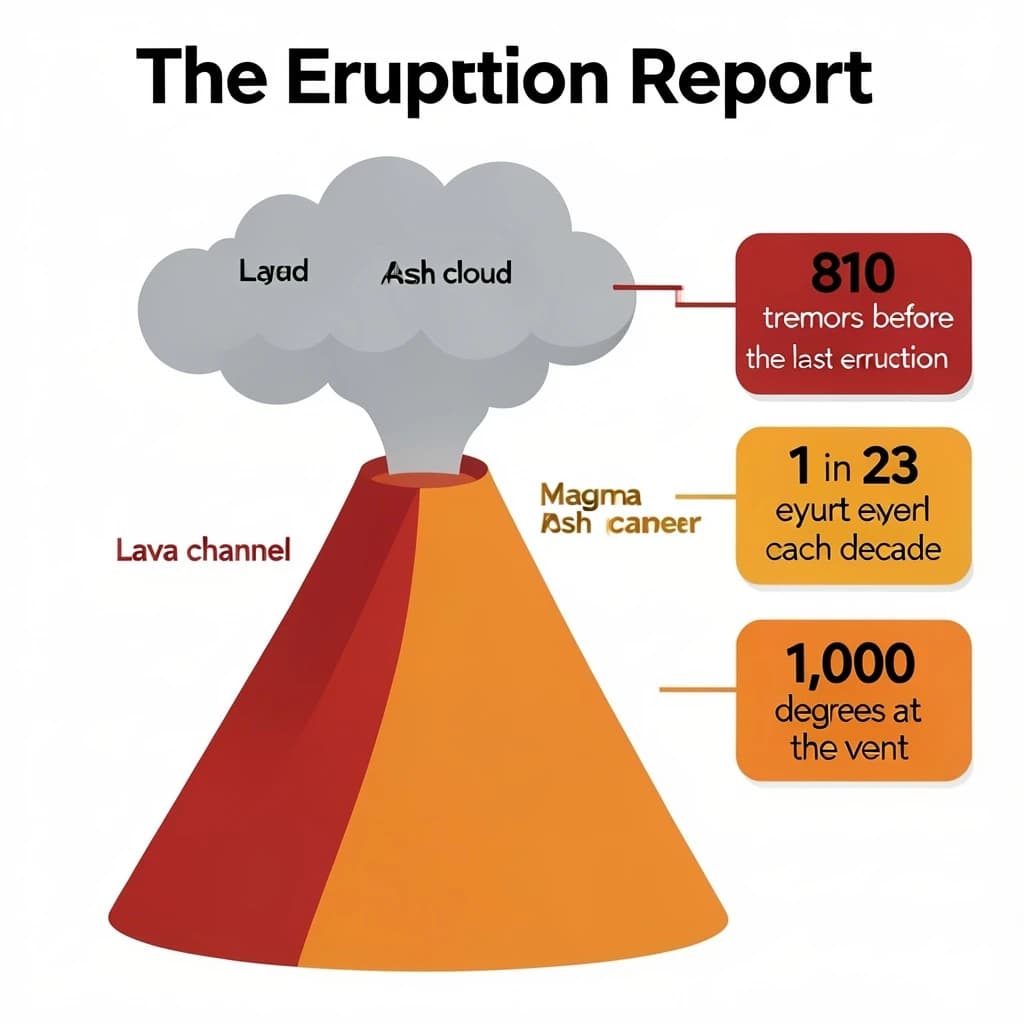 Flat vector illustration titled "The Eruption Report". A cutaway cone sits at the center, carrying three keyed regions, "Lava channel" shaded red, "Ash cloud" shaded gray and "Magma chamber" shaded orange. Three stat chips run down a right column, reading "810 tremors before the last eruption", "1 in 23 erupt each decade" and "1,000 degrees at the vent". Each key color matches the shading of the region it names.