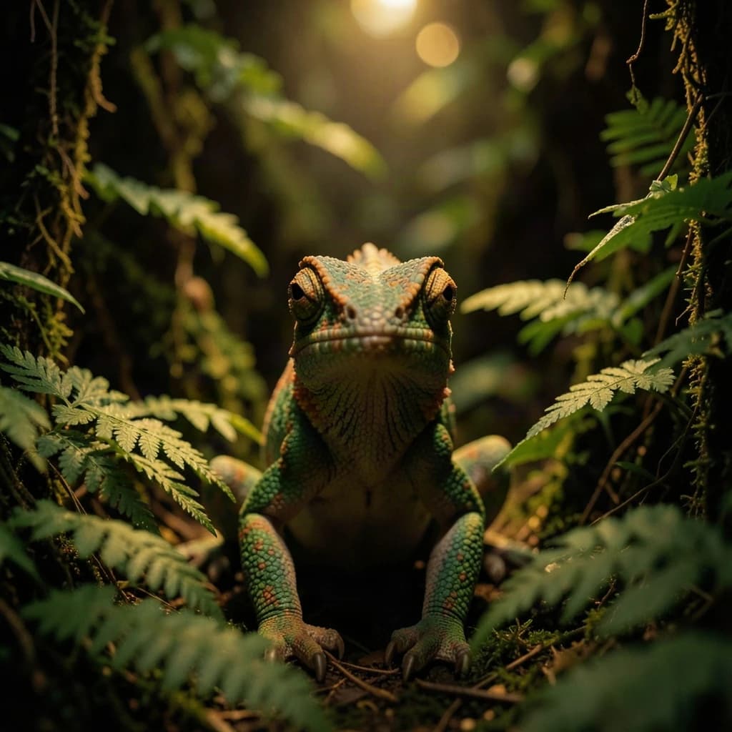 A chameleon half in shadow in a fern-filled ravine, under warm lamplight, symmetrical head-on framing, soft-focus portrait photography style.