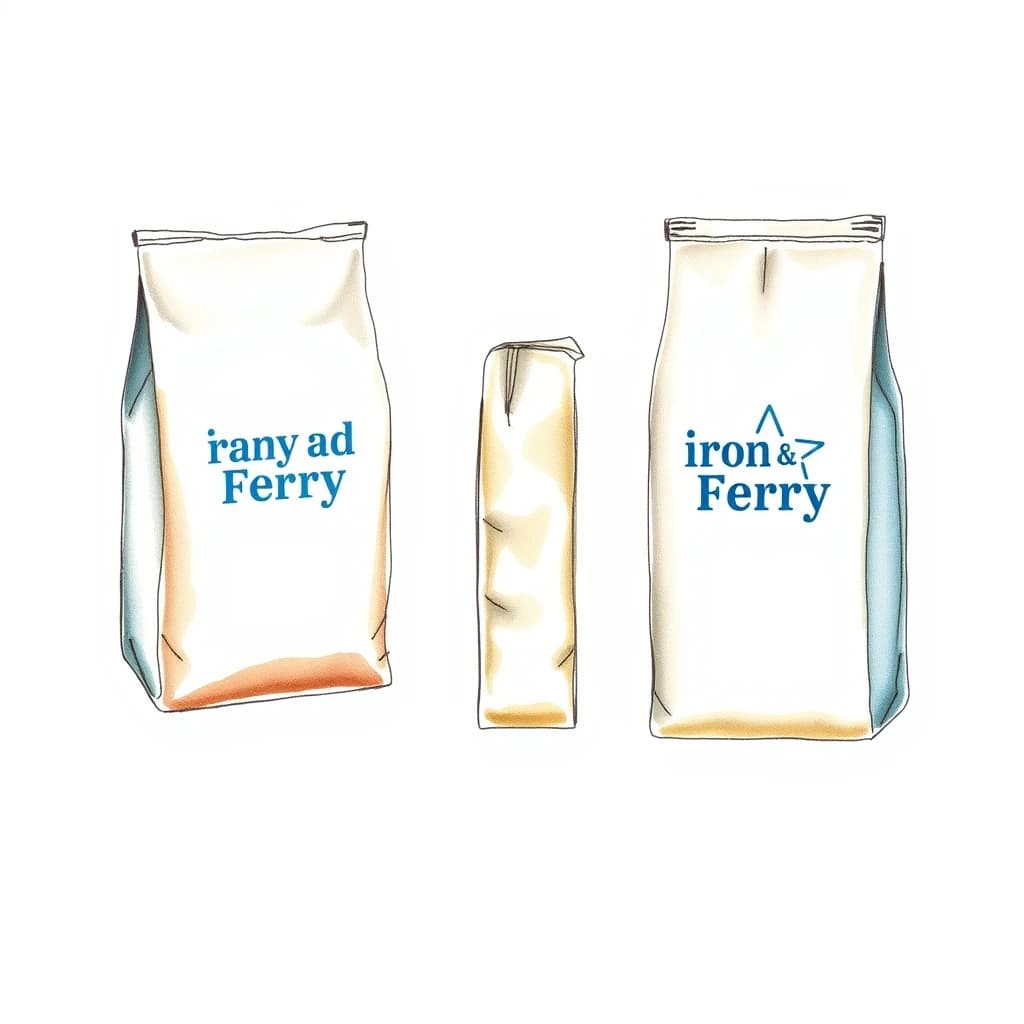 Watercolor of the same coffee bag drawn in three views, captioned "front", "side" and "back", every view carrying the wordmark "Iron & Ferry" with a five-point star outline beside it in the same blue-and-silver coloring, only the angle changing.