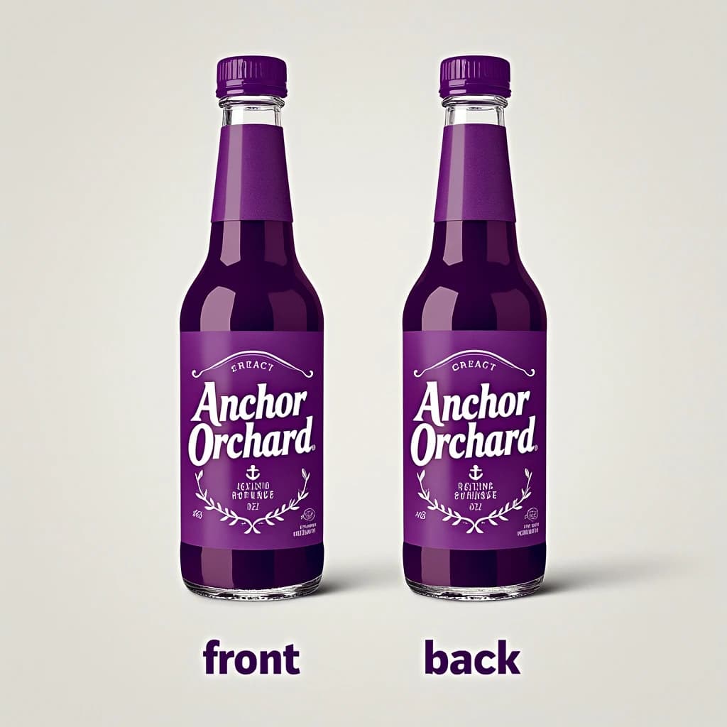 Printed poster: one hot-sauce bottle in two views. The views are captioned "front" and "back" in that order. The wordmark "Anchor Orchard" appears on every view. The purple-and-white coloring is the same across every view, and only the angle changes.