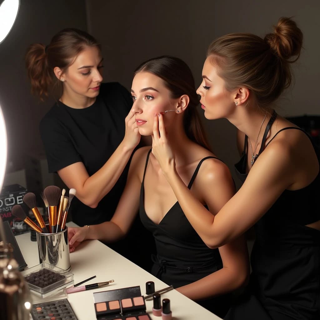 Fashion photograph at a backstage vanity lit by a ring light. A makeup artist in a black apron leans in from the right and blends cream blush into a seated model's cheekbone with her fingers, while a second artist standing behind them holds a lash tray in one hand and tweezers in the other, mid pick. On the counter between them: six brushes standing bristle up in a metal cup, three lipstick bullets lying in a row with their caps off beside them, and one open palette showing two used shades and four untouched. Warm skin tones, glossy highlights, shallow depth of field.