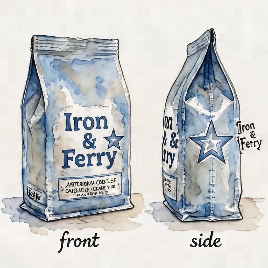 Watercolor of the same coffee bag drawn in three views, captioned "front", "side" and "back", every view carrying the wordmark "Iron & Ferry" with a five-point star outline beside it in the same blue-and-silver coloring, only the angle changing.