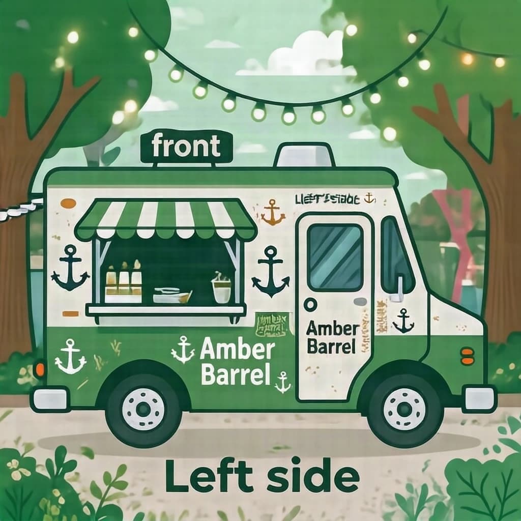 Flat vector illustration: one food truck in two sides. The sides are captioned "left side" and "front" in that order. The wordmark "Amber Barrel" appears on every side with a small anchor mark beside it. The green-and-white coloring is the same across every side, and only the side changes.