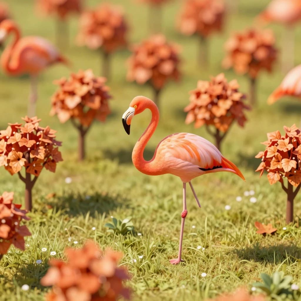 flamingo, autumn orchard, bright midday sun, telephoto compression, isometric 3D, subtle texture