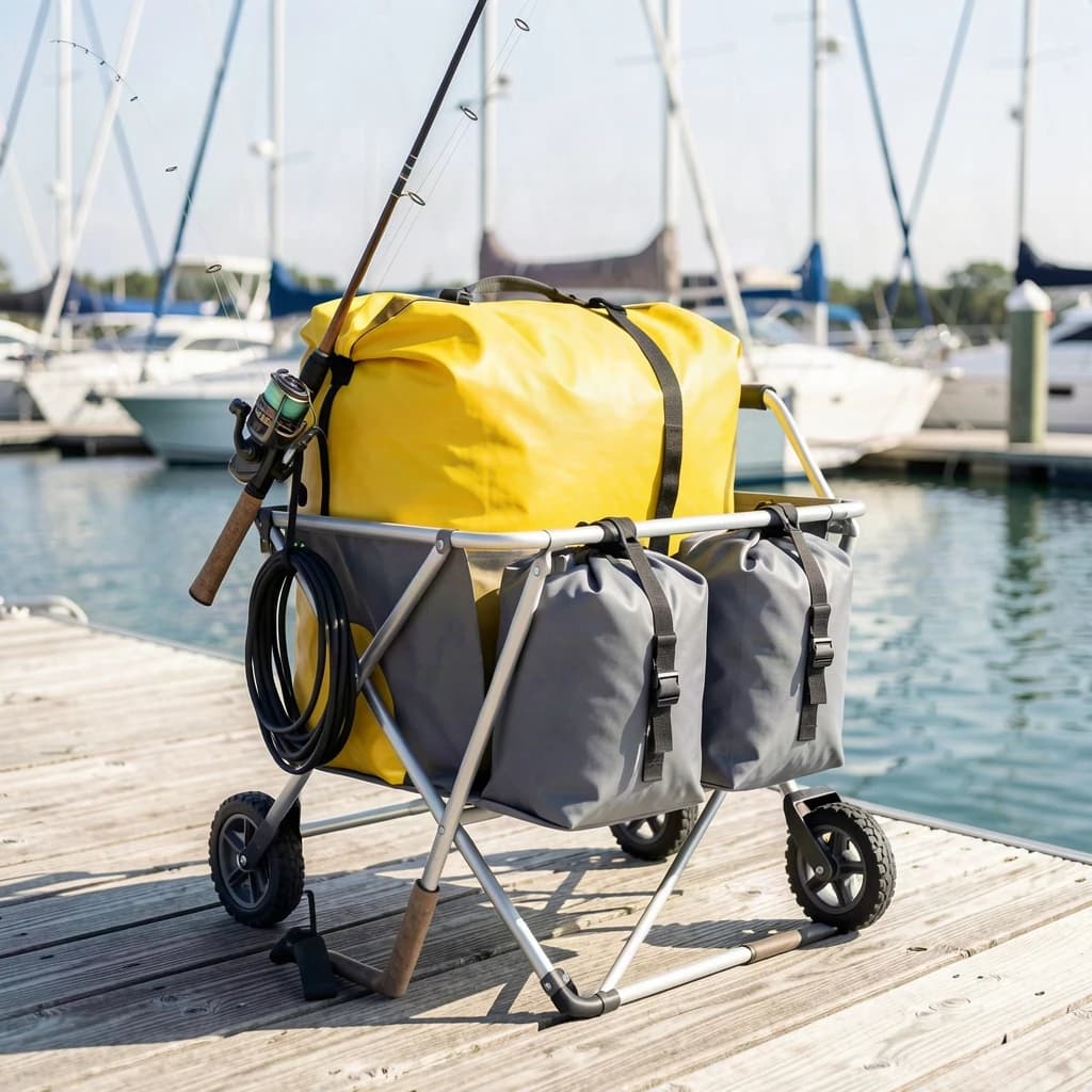 Lifestyle listing photo on a marina dock: a folding dock cart holding three dry bags, the largest yellow and the two smaller ones grey, two fishing rods leaning against the handle, and one coiled dock line hanging from the front rail. Masts blurred behind.