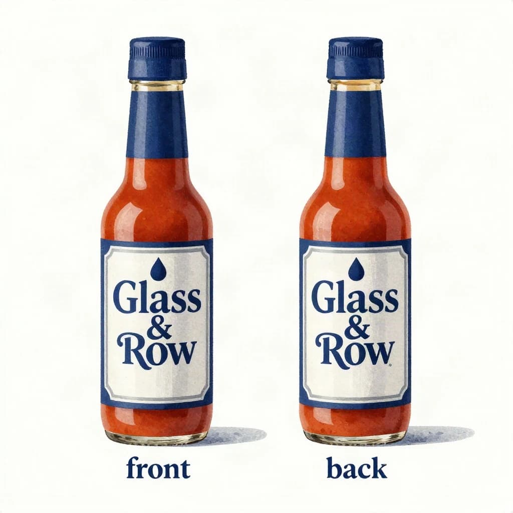Printed poster of the same hot-sauce bottle drawn in two views, captioned "front" and "back", every view carrying the wordmark "Glass & Row" with a single droplet symbol beside it in the same blue-and-silver coloring, only the angle changing.