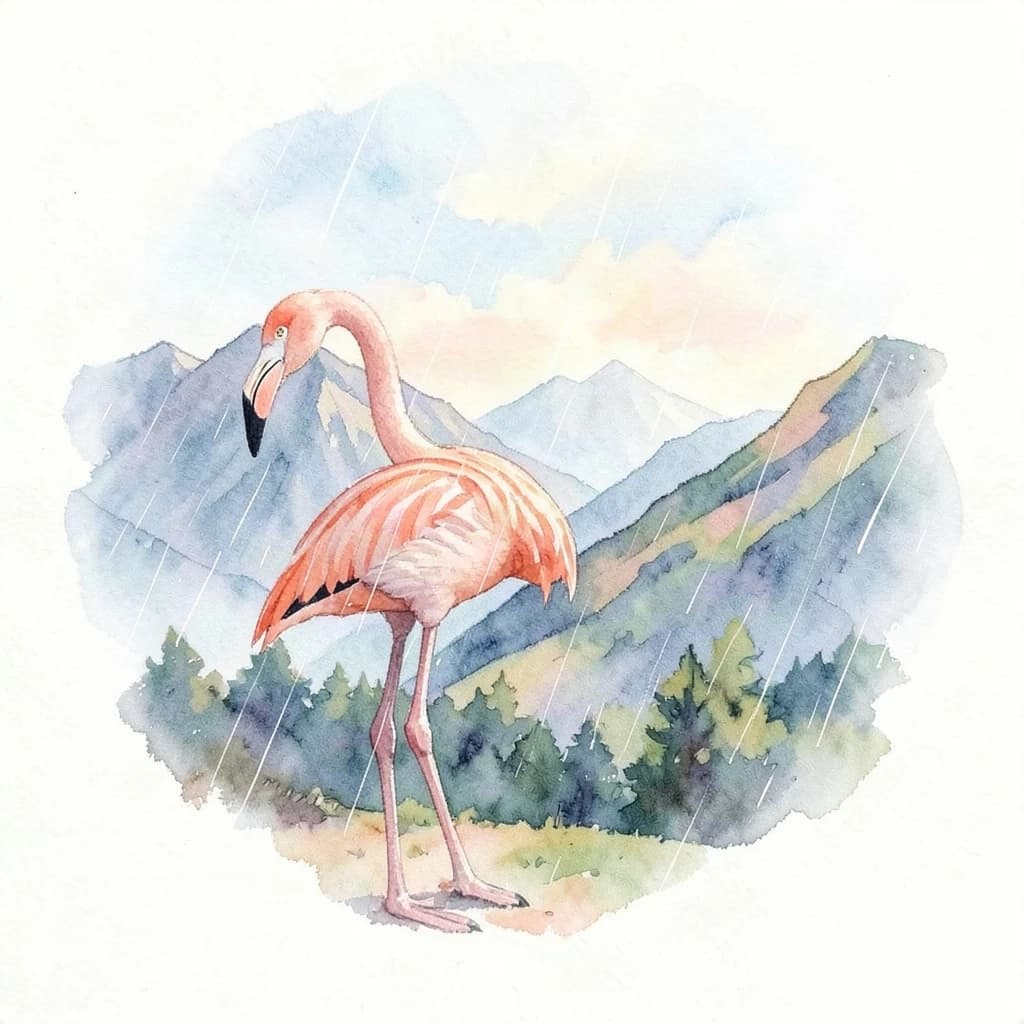 flamingo, mountain ridge, light rain, off-center framing with negative space, watercolor, soft edges