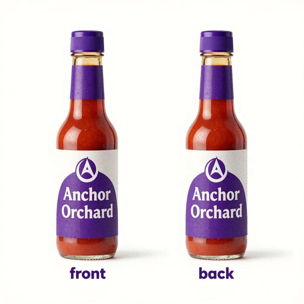 Printed poster: one hot-sauce bottle in two views. The views are captioned "front" and "back" in that order. The wordmark "Anchor Orchard" appears on every view. The purple-and-white coloring is the same across every view, and only the angle changes.
