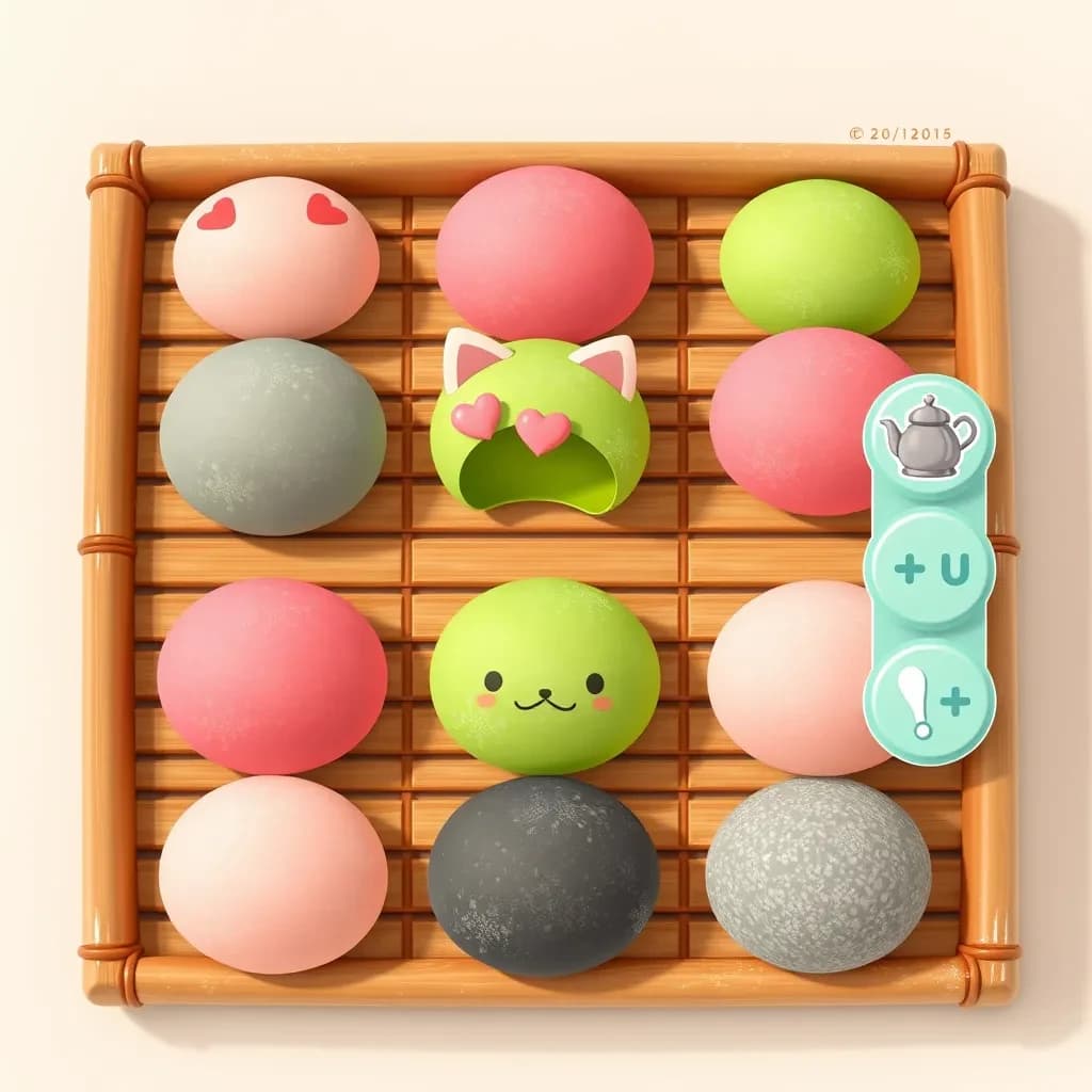 Match three board for a cozy sweets game, cute stylized 3D animation look. Nine mochi in a three by three grid on a bamboo tray: the top row strawberry pink, the middle row matcha green, the bottom row black sesame grey. The center green one has a bite taken out and a small heart icon floating above it. Two of the pink mochi wear tiny cat ears. To the right of the tray, a vertical strip of three power up icons, a whisk, a teapot and a fan. Soft pastel lighting, glossy dusted surfaces.