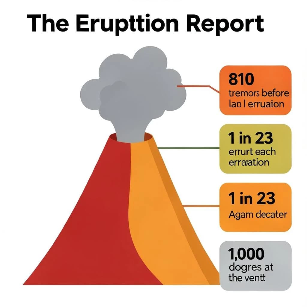 Flat vector illustration titled "The Eruption Report". A cutaway cone sits at the center, carrying three keyed regions, "Lava channel" shaded red, "Ash cloud" shaded gray and "Magma chamber" shaded orange. Three stat chips run down a right column, reading "810 tremors before the last eruption", "1 in 23 erupt each decade" and "1,000 degrees at the vent". Each key color matches the shading of the region it names.