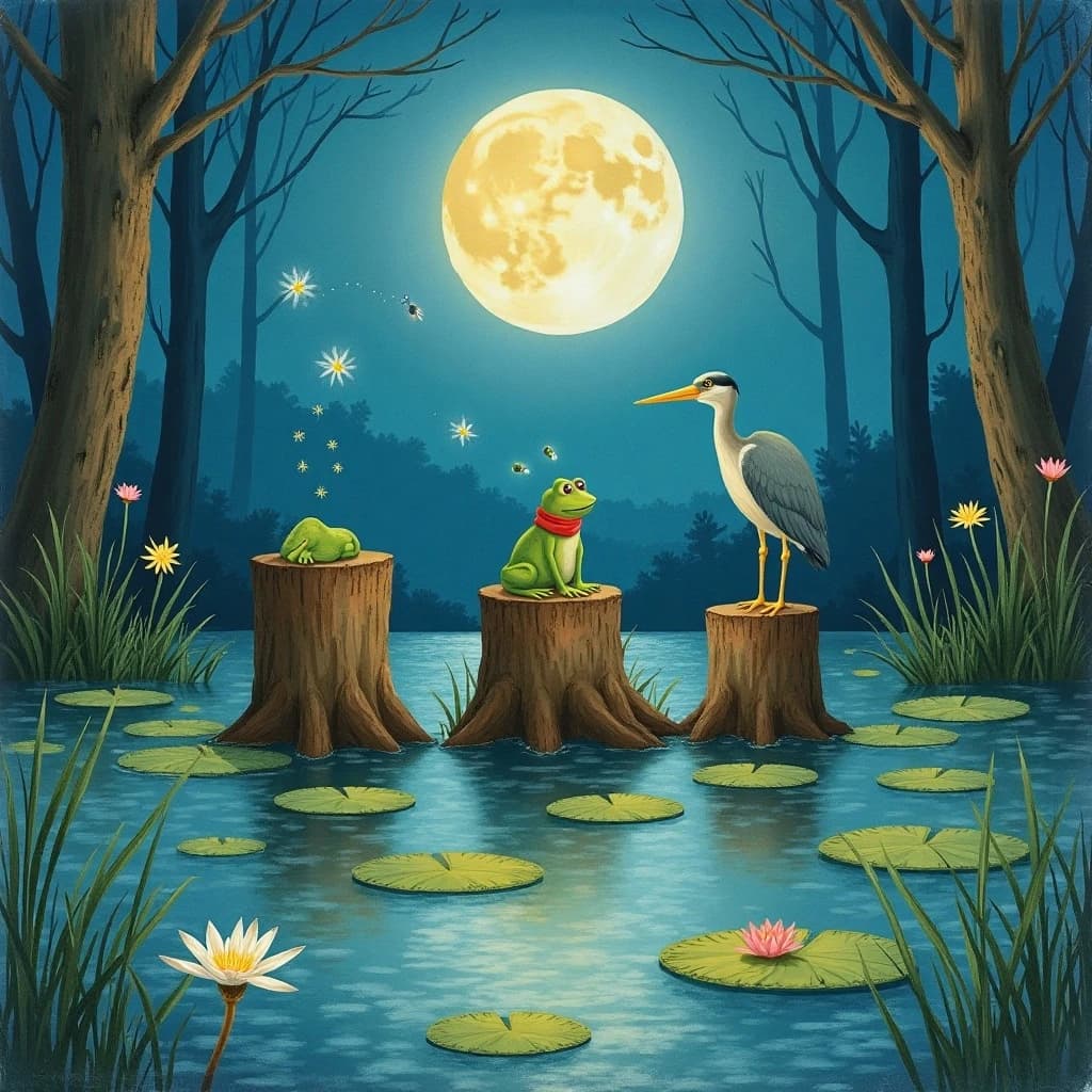 Story card in soft children's book illustration with crayon texture. A moonlit swamp with three cypress stumps in a row across the water. A small green frog in a red scarf sits on the middle stump. Two fireflies circle above his head while four more sit sleeping on the reeds to the left. A heron stands knee deep at the right edge, looking away from the frog. Nine lily pads float across the foreground, only one of them carrying a flower.