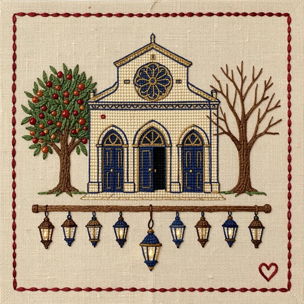 Pin stitched as a cross stitch sampler on natural linen, chunky visible stitches. Center: a synagogue front elevation in deep blue and gold thread, a rose window above three arched doors, the middle door taller and standing open while the two outer doors are closed. Two stitched olive trees flank the building, the left one heavy with fruit and the right one bare. Along the bottom, nine stitched lamps hang from a stitched beam with the middle lamp hanging lower than the rest. A narrow pomegranate border runs all the way around, with a small stitched heart in the bottom right corner.