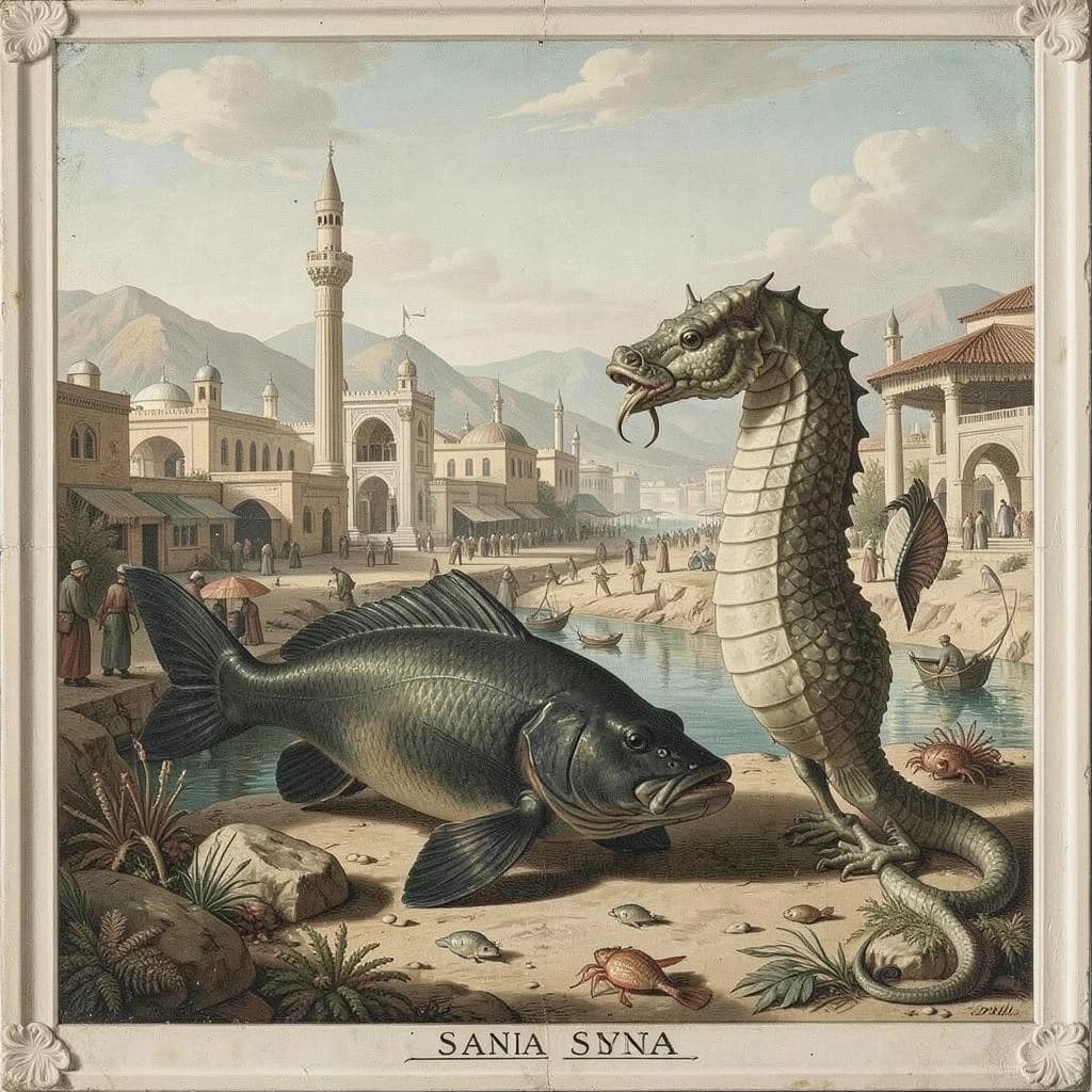 Blackfish and Sea Horse in Sanaa, Yemen in the style of neoclassical