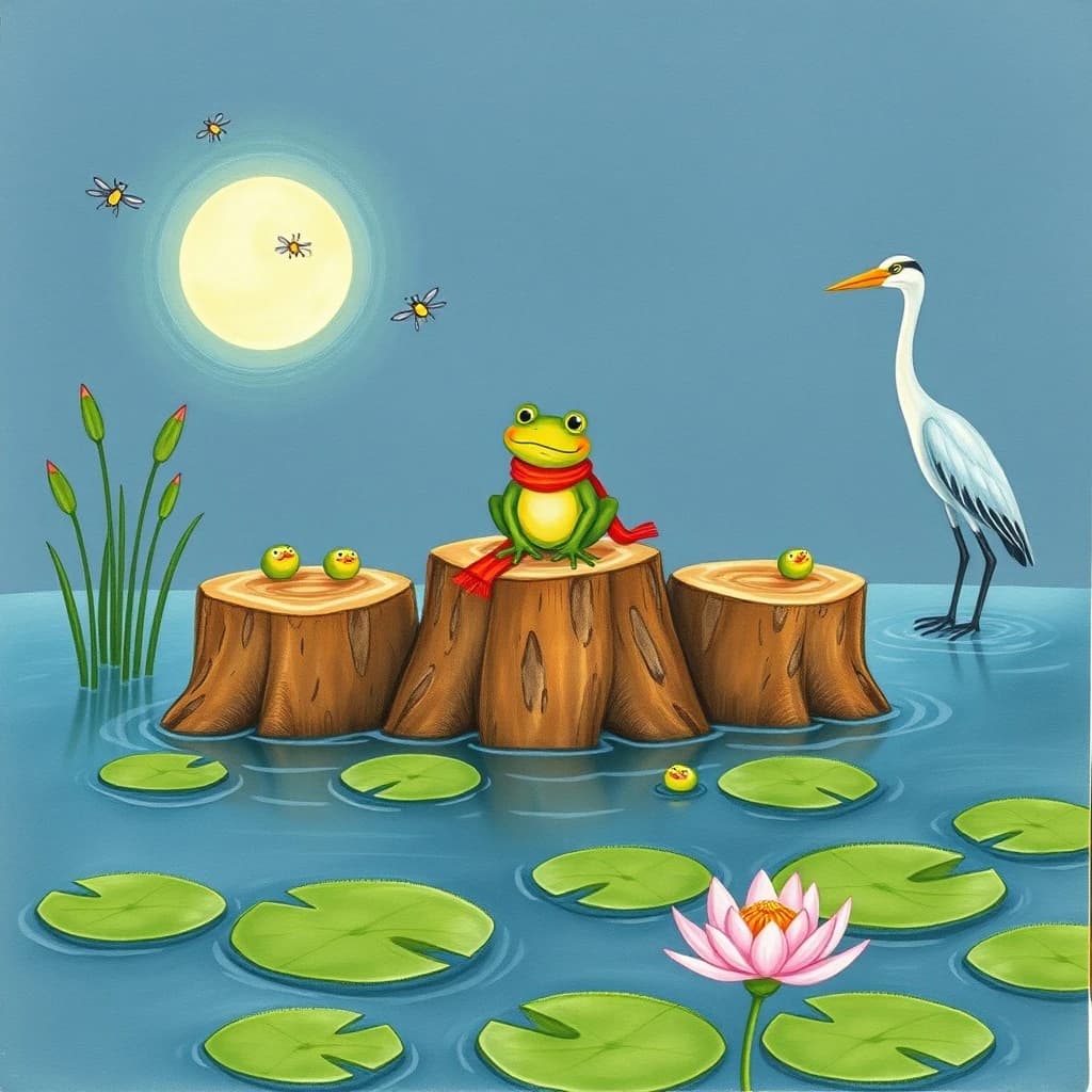 Story card in soft children's book illustration with crayon texture. A moonlit swamp with three cypress stumps in a row across the water. A small green frog in a red scarf sits on the middle stump. Two fireflies circle above his head while four more sit sleeping on the reeds to the left. A heron stands knee deep at the right edge, looking away from the frog. Nine lily pads float across the foreground, only one of them carrying a flower.