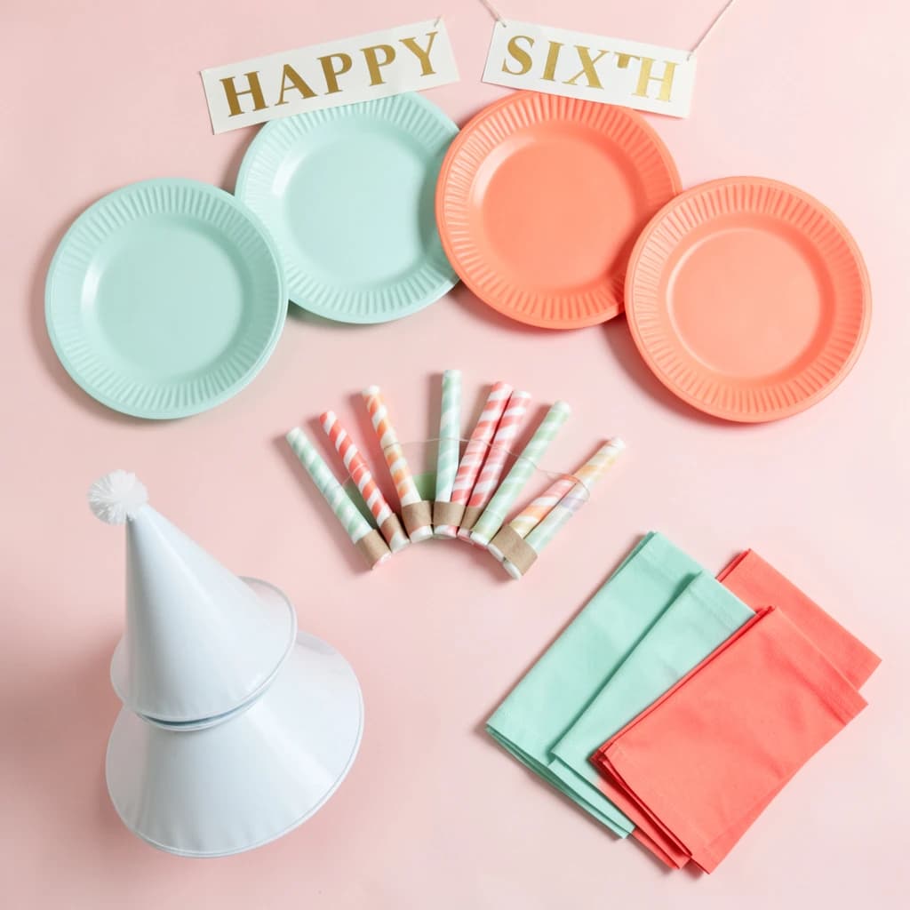 Flat lay photograph on pale pink paper, lit softly from above.
Eight paper plates fanned in an arc across the top of the frame, alternating mint and coral, four of each, mint first from the left.
Below the arc, twelve striped candles bundled under a paper band, laid diagonally.
Three cone party hats stacked at the lower left, only the middle hat trimmed with a pom pom.
At the lower right, six folded napkins in two piles of three, one pile mint and one coral.
A paper banner strung across the very top spells "HAPPY SIXTH" in gold letters, a few letters overlapping the plate arc.