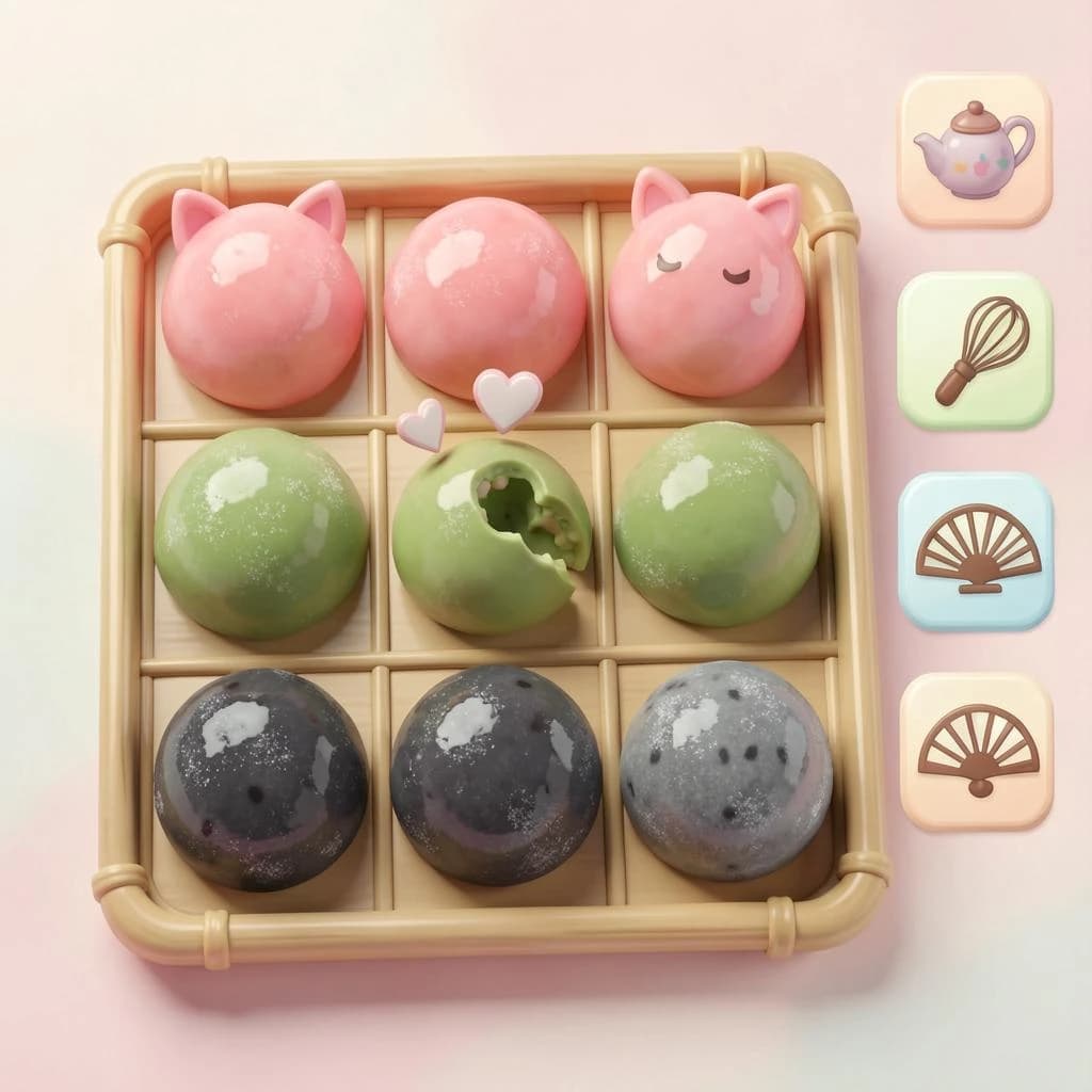 Match three board for a cozy sweets game, cute stylized 3D animation look. Nine mochi in a three by three grid on a bamboo tray: the top row strawberry pink, the middle row matcha green, the bottom row black sesame grey. The center green one has a bite taken out and a small heart icon floating above it. Two of the pink mochi wear tiny cat ears. To the right of the tray, a vertical strip of three power up icons, a whisk, a teapot and a fan. Soft pastel lighting, glossy dusted surfaces.