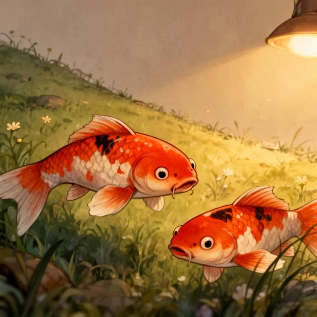 koi fish, grassy hillside, warm lamplight, macro close-up, storybook illustration, high detail