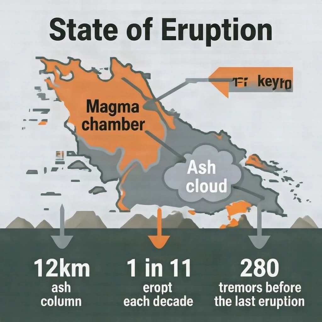 Flat infographic titled "State of Eruption". A simplified hazard map of the slopes sits at the center, carrying two keyed regions, "Magma chamber" shaded orange and "Ash cloud" shaded gray. Three stat chips run down a bottom row, reading "12km ash column", "1 in 11 erupt each decade" and "280 tremors before the last eruption". Each key color matches the shading of the region it names.