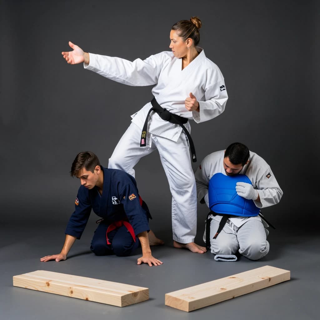 Studio photography, stunt and costume reference on a seamless charcoal backdrop, one hard key from camera left. Three taekwondo athletes in a tight diagonal: the tallest, in a white uniform with a black belt, holds a side kick frozen at chest height; the shortest, in navy with a red belt, ducks under it with both palms flat on the floor; the third kneels behind them fastening a blue chest guard onto a folded uniform. Two snapped pine boards lie at the front edge of the frame, a third board still whole in a holder's gloved hands.