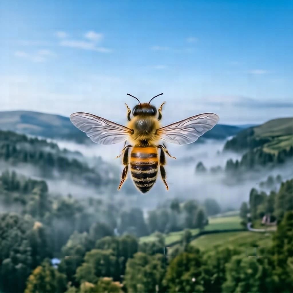 honeybee, misty valley, clear blue sky, overhead flat lay, photorealistic, balanced exposure