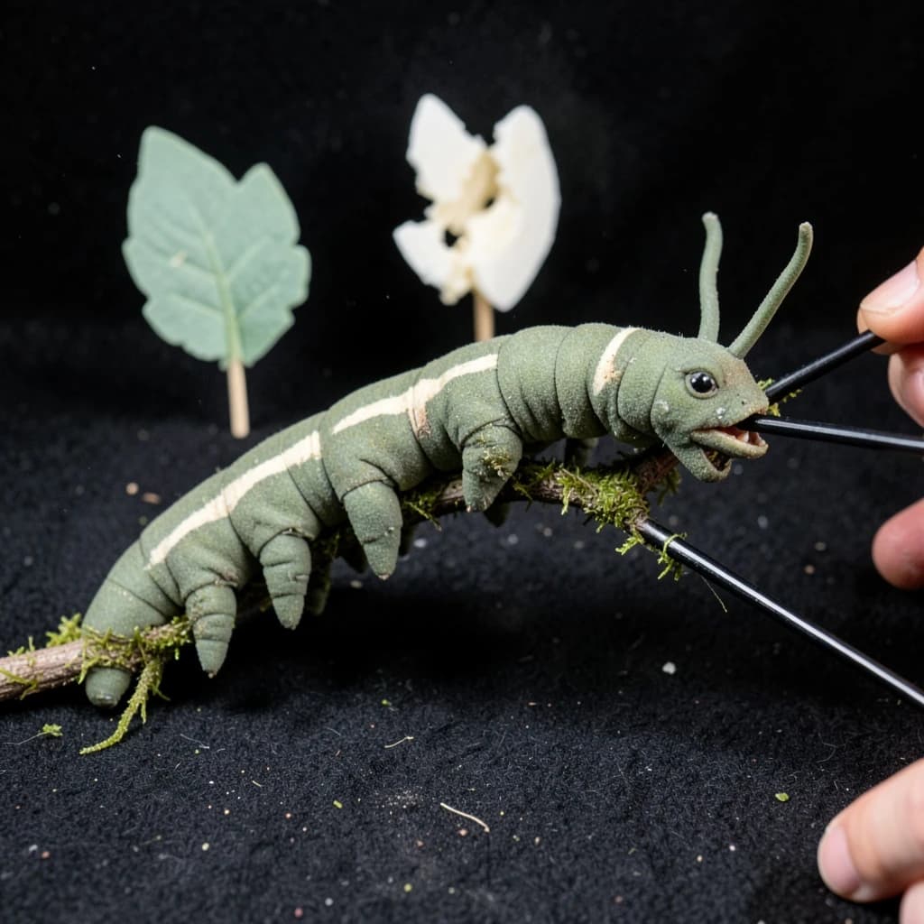 Macro photography of a practical effects test on a soundstage floor. A metre-long animatronic caterpillar puppet, dull green with a cream stripe, arched over a moss-covered branch: eight pairs of stubby legs, the front three pairs gripping the branch, the rest hanging free. Two thin black rods run out of frame to the right where a puppeteer's hands are just visible, and a third rod supports the head, which is turned toward camera with its mandibles open. Behind it, three sprayed foam leaves on stands, the middle one already chewed through. Hard key from above, black felt background, dust in the air.