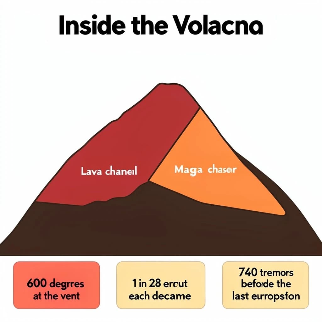 Flat infographic titled "Inside the Volcano". A simplified hazard map of the slopes sits at the center, carrying two keyed regions, "Lava channel" shaded red and "Magma chamber" shaded orange. Three stat chips run down a bottom row, reading "600 degrees at the vent", "1 in 28 erupt each decade" and "760 tremors before the last eruption". Each key color matches the shading of the region it names.