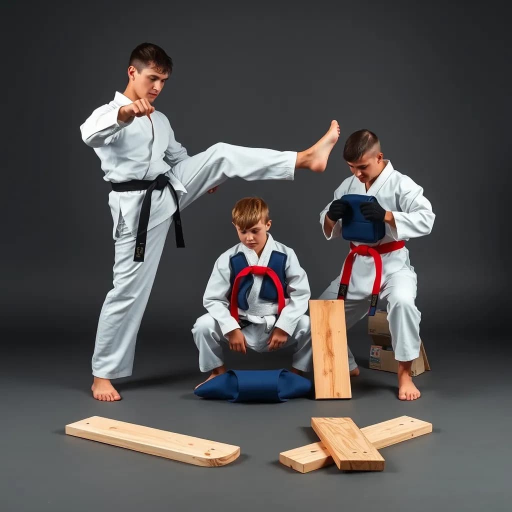 Studio photography, stunt and costume reference on a seamless charcoal backdrop, one hard key from camera left. Three taekwondo athletes in a tight diagonal: the tallest, in a white uniform with a black belt, holds a side kick frozen at chest height; the shortest, in navy with a red belt, ducks under it with both palms flat on the floor; the third kneels behind them fastening a blue chest guard onto a folded uniform. Two snapped pine boards lie at the front edge of the frame, a third board still whole in a holder's gloved hands.