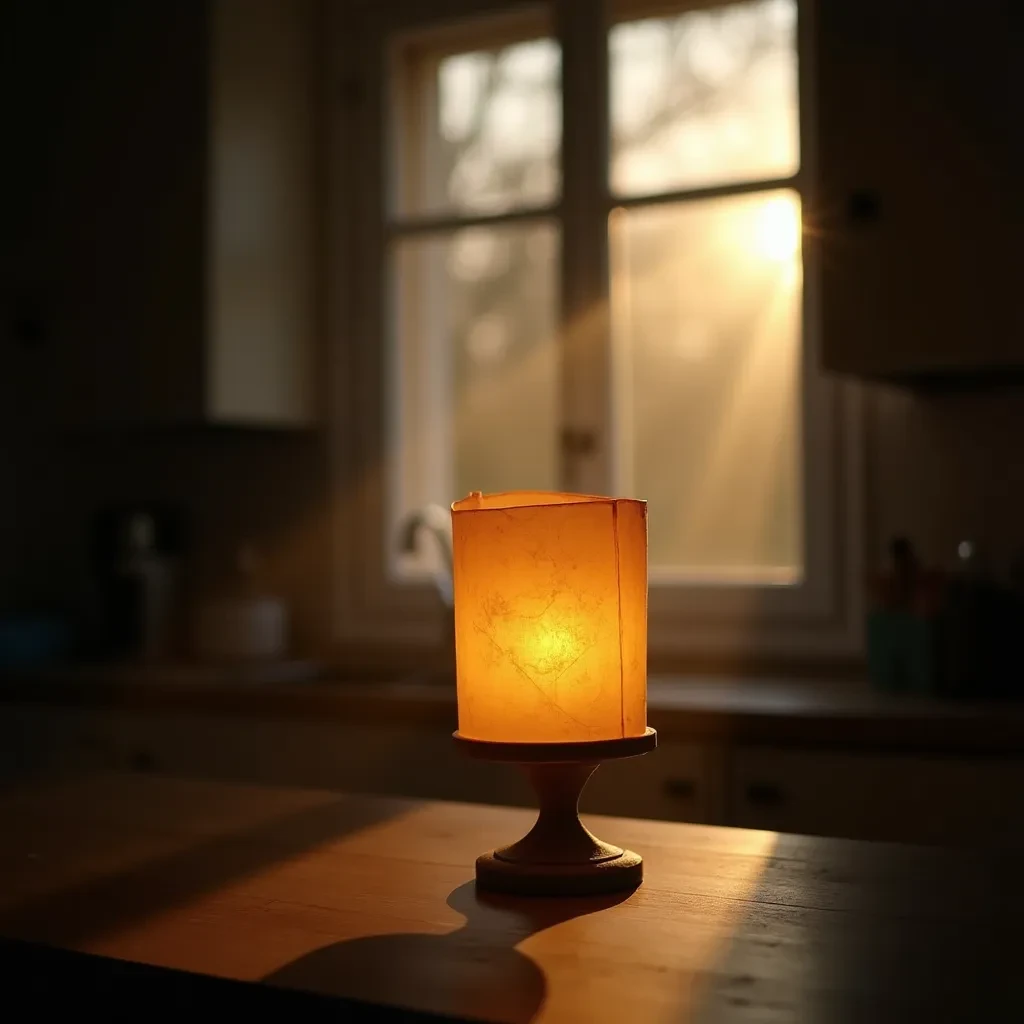 The still point when a paper lantern reads as a single dark silhouette, in a sunlit kitchen, under soft morning light.