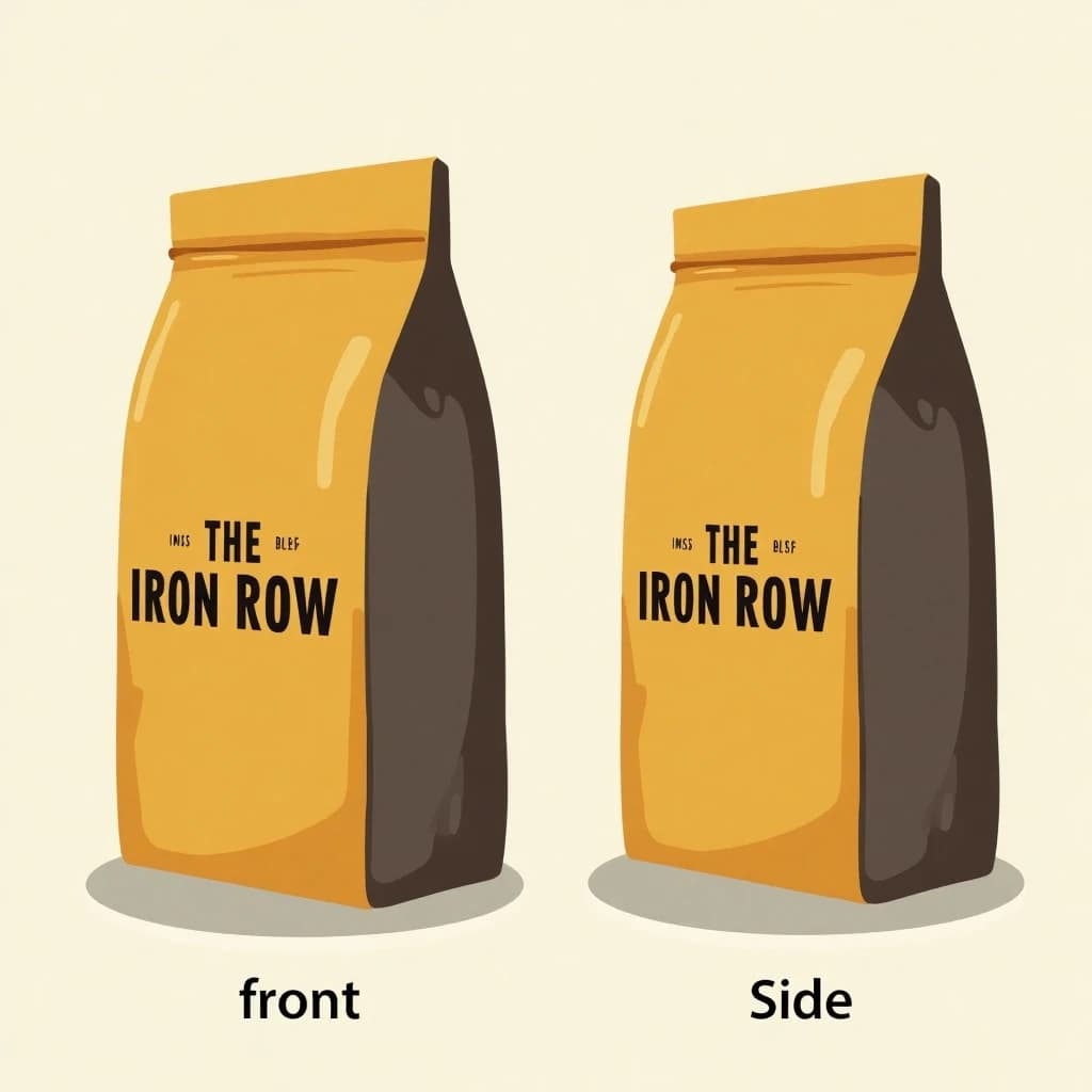 Flat vector illustration of the same coffee bag drawn in two views, captioned "front" and "side", every view carrying the wordmark "The Iron Row" in the same mustard-and-charcoal coloring, only the angle changing.